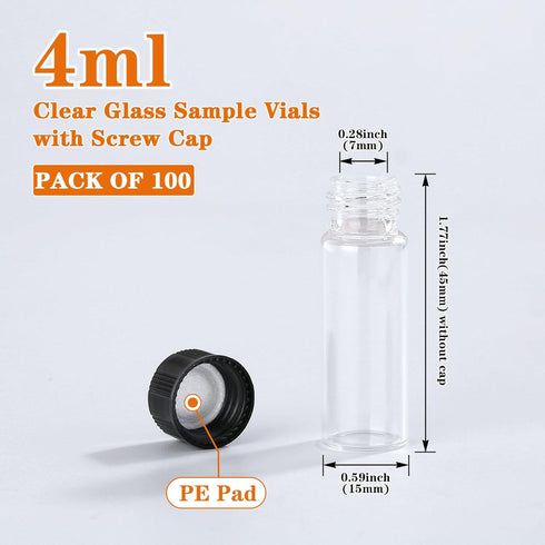 100 Pack 4ml Clear Glass Vials with Screw Caps Small Vials Liquid Bottle Vials for Essential Oil