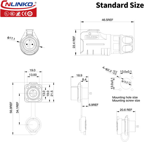 CNLINKO M12 Waterproof Connector PBT Plastic DC 12V Cable Panel Mount for AV System (2 Pin)