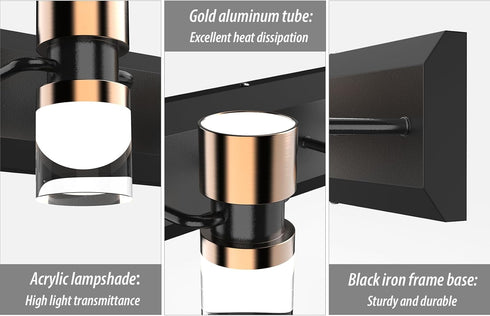 2 LED Bathroom Vanity Light Fixtures, Light Black and Gold Wall Sconces Lighting, Modern Bathroom Light Fixtures, Led