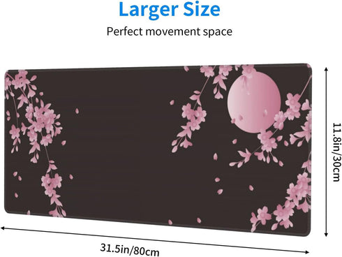 Sakura Cherry Blossom Large Gaming Mouse Pad 31.5x11.8in, Non-Slip Rubber Base, Waterproof Flower Design for Office/Game