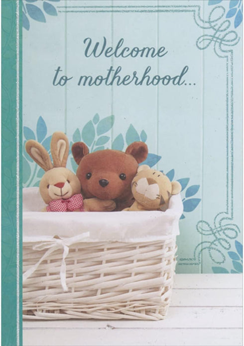 Designer Greetings Welcome to Motherhood: Photo of Stuffed Animals in White Basket