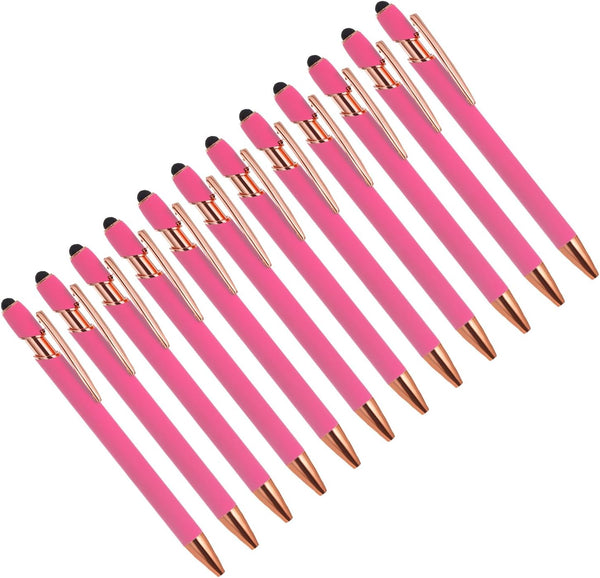 YOKIVE 12 Pcs Ballpoint Pen with Stylus Tip, 2 in 1 Black Ink Metal Stylus Pen for Touch Screens (Rose Red)