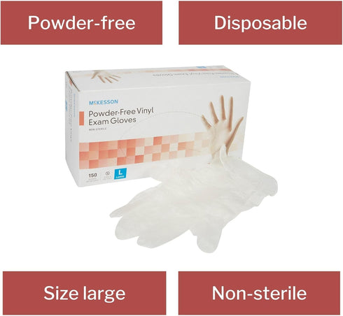 McKesson Powder-Free Vinyl Exam Gloves, Non-Sterile, Large, 150 Count, 1 Box