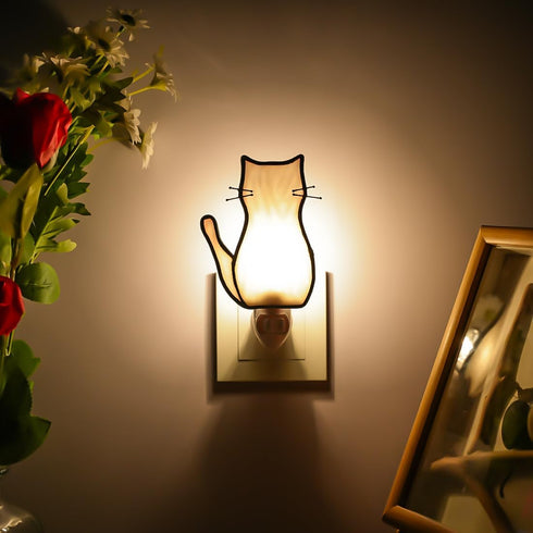 BOXCASA White Cat Night Light, Stained Glass Lamp, Warm Yellow Plug-In Night Light for Living Room, Bedroom, Hallway