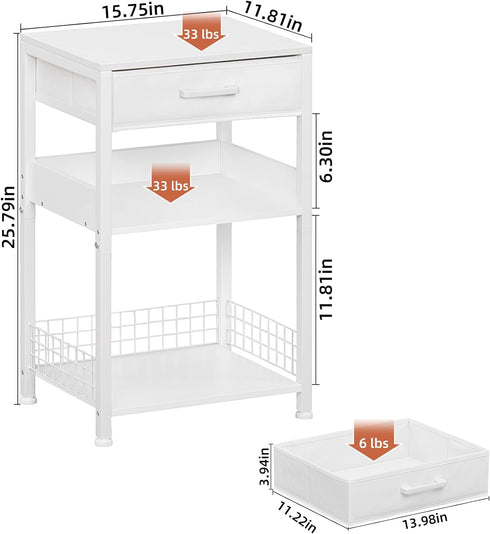 Lerliuo White Printer Stand with Fabric Drawer, 3 Tier Industrial Side Table, Modern Small Desk Holder