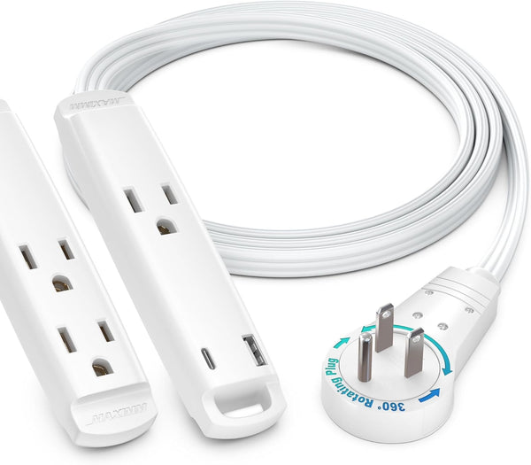 Maximm 360 Rotating Flat Plug Extension Cord, 3-Outlet with USB-C and USB-A Ports, 1FT, UL Certified, White