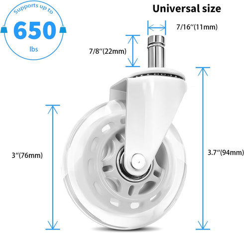 Office Chair Wheels Replacement 3 Inch Rubber Desk Chair Casters Smooth Rolling Heavy Duty Casters Safe for All Floors Including Hardwood Universal Stem 7/16 Inch, White
