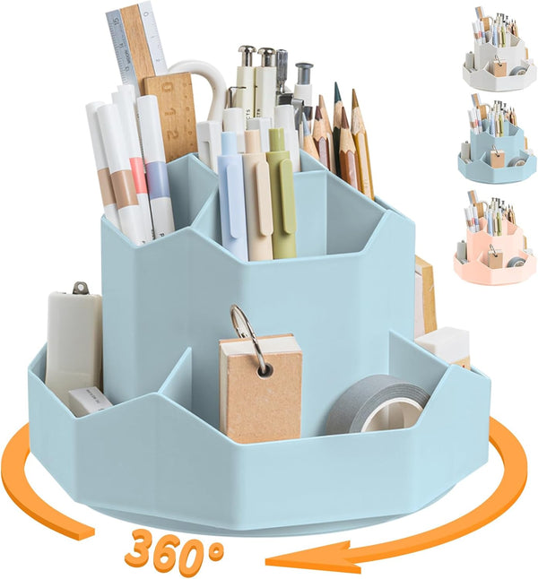 Desk Pencil Pen Holder, 9 Slots 360 Degree Rotating Organizer, Cute Storage Cup for Office, School, Home (Blue)
