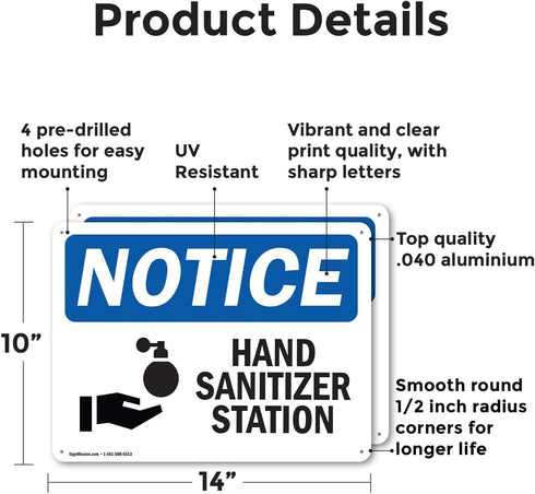 (2 Pack) 14 Inch 10 Inch Hand Sanitizer Station OSHA Notice Sign X Indoor/Outdoor Rust-Free Aluminum Metal Signs