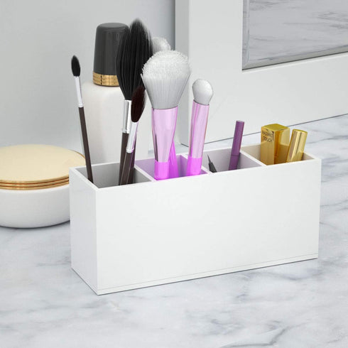 NIUBEE Acrylic Pen Holder 4 Compartments, White Pencil Organizer Cup for Countertop Desk Storage