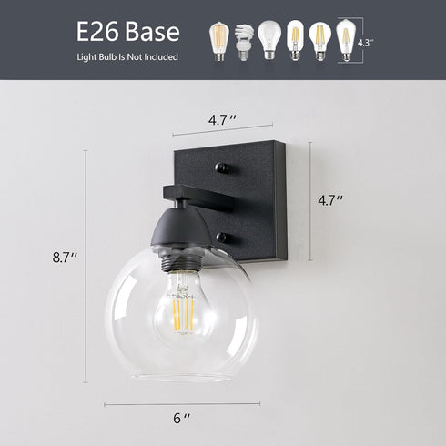 Ruibutrade 1-Light Bathroom Light Fixtures, Matte Black Vanity Light with Hand-Blown Globe Glass Shade, High Clarity