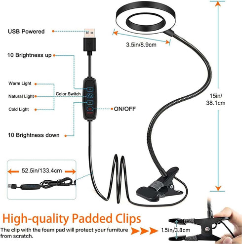 Clip on Light LED Reading Lamp, 3 Color Modes, 10 Brightness Eye Protection, 360 Flexible Gooseneck