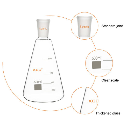 XCD Erlenmeyer Flask, Heavy Wall Borosilicate Glass - 500 ml with 24/40 Standard Taper Outer Joint