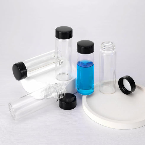 12 Pack of 3 inches, 30 ML Clear Glass Bottles, Storage Container Sample Cosmetic Vials with Black Caps