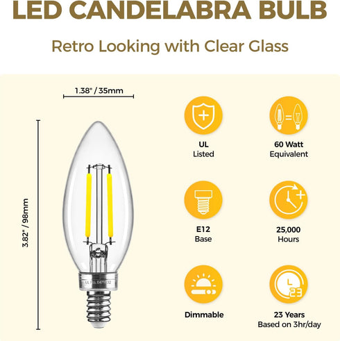 E12 Bulb Dimmable 60 Bulbs 5000K Bulbs, B11 Bulb, 90+CRI, 6W 550LM, 12 Pack Hizashi LED watt Equivalent, Chandelier
