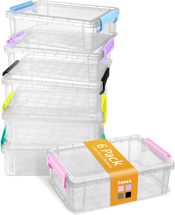 Sooez 6 Pack Extra Large Pencil Box, Plastic Crayon Case Bulk, Clear Marker Organizer with Lid, Stackable Storage Box
