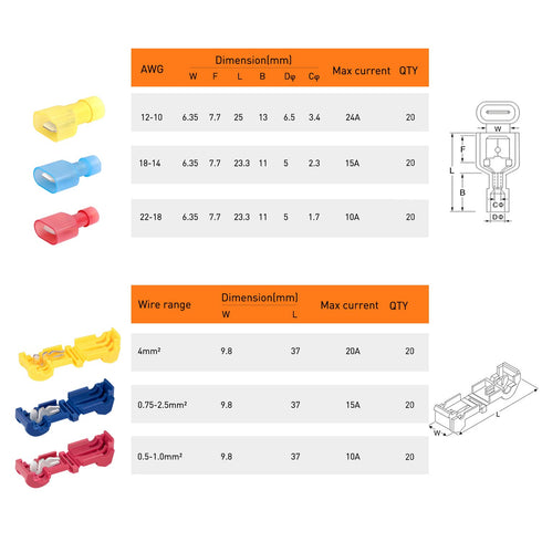 Nilight - 50004R 120 Pcs/60 Pairs Quick Splice Wire Terminals, T-Tap Self-stripping with Nylon Disconnects