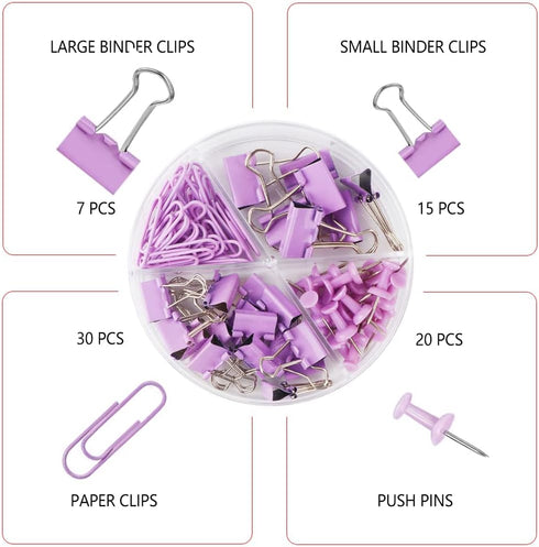 Purple Paper Clips and Binder Clips Set, 216 pcs, Metal Assorted Sized Binders with Push Pins, Cute Office Supplies for Desk, Durable Desk Accessories, 3 Pack by CREECHWA
