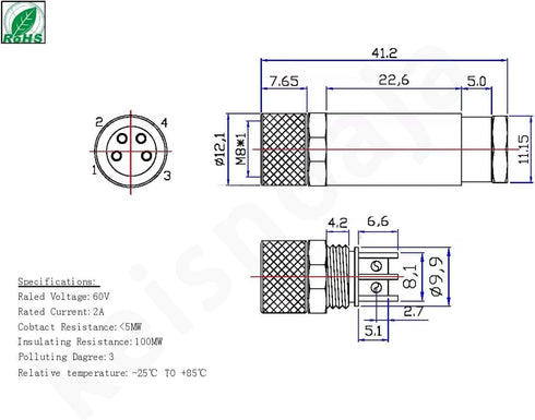 2 Pcs M8 Plug Waterproof 4 Pin Connector, Field Wireable Connector M8 Female Plug 4 Pin Shielded