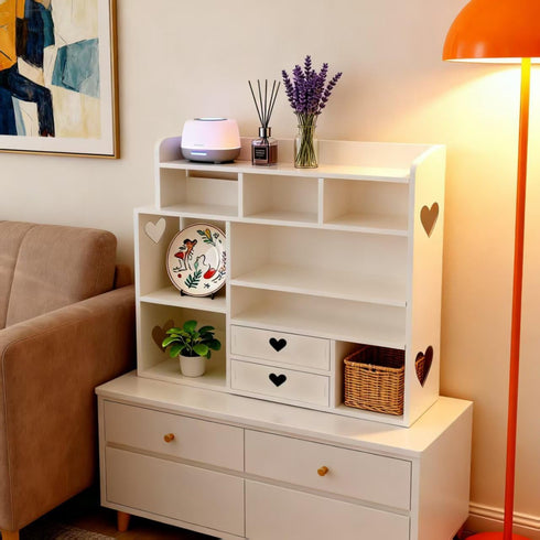 White Heart Drawer Bookshelf, Desktop Organizer with Shelves & Heart-Shaped Drawer for Desk, Office, Dorm - Display