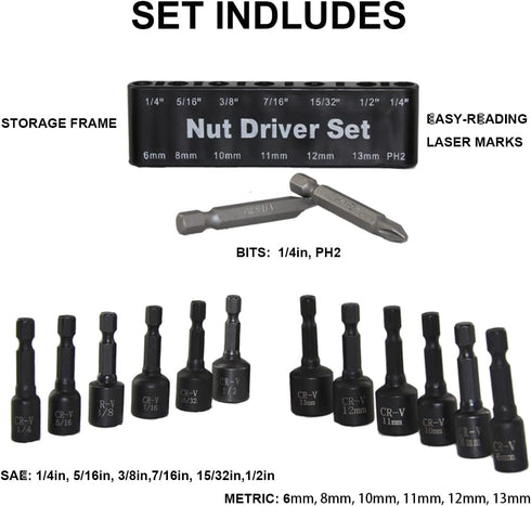 14PC Power Magnetic Nut Driver Drill Bit Set, Metric & SAE Socket for 1/4" Driver Hex