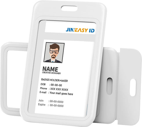 JINEASY 2 Pack White Hard Plastic ID Badge Holder, Vertical Lanyard ID Card Case