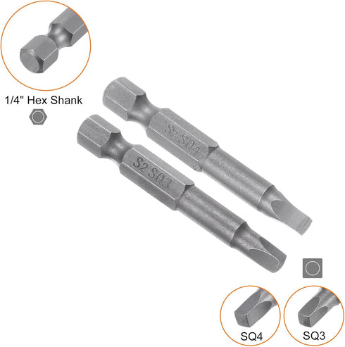 2pcs SQ3 SQ4 Square Screwdriver Bit, 1/4" Hex Shank, 2" Length, Magnetic Security