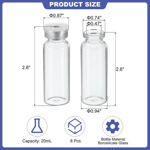 PATIKIL 20ml Sample Vials, 8 Pack Lab Empty Vials with Butyl Rubber Stopper and Crimp Top Caps Borosilicate Glass Vial, Transparent by PATIKIL