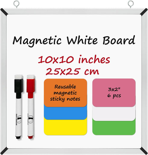 Small Whiteboard Set - 10 x 10" Dry Erase Board with 2 Markers & 6 Magnetic Labels - Mini Double-Sided Wall Hanging