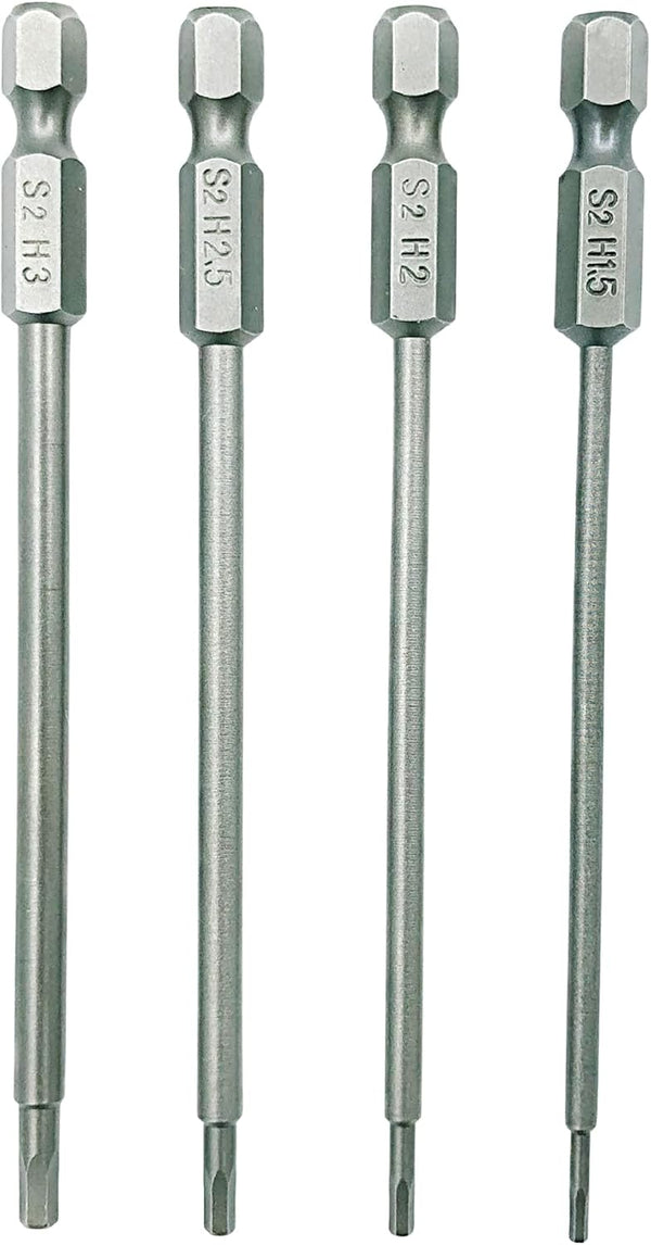 Hex Head Allen Wrench Drill Bit Set 1.5, 2.0, 2.5 & 3.0mm, S2 Steel 1/4" Hex Shank for Screwdrivers and Power Drill