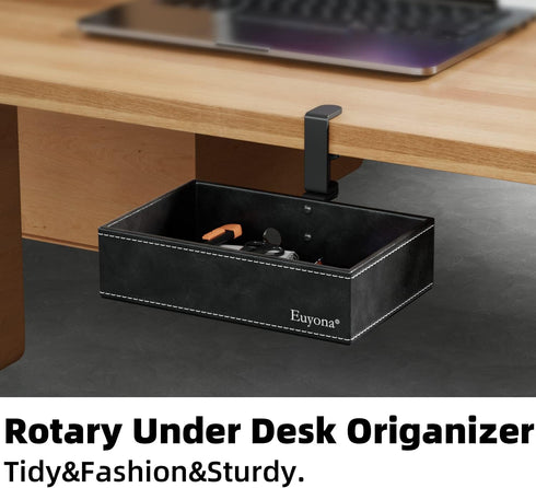 PU Leather Under Desk Drawer - 360° Rotating Clamp Organizer for Desk, Remote Control, and Pencil Storage