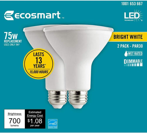 EcoSmart Dimmable 75-Watt Equivalent PAR30 Energy Star Flood LED Light Bulb, Bright White, 2-Pack