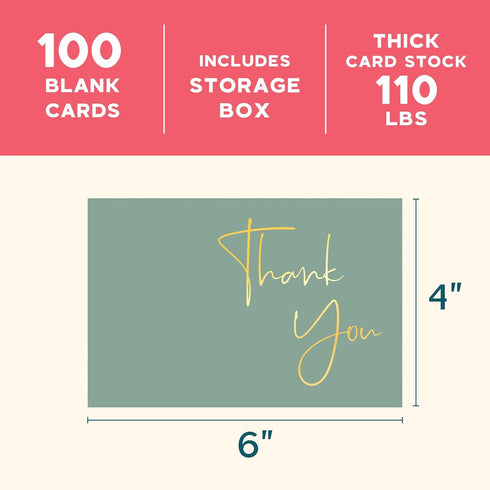 Set 100 Pack 4x6 VNS Creations Gold Foil Thank You Cards With Envelopes Bulk & Stickers - Blank Thank You Notes - Large