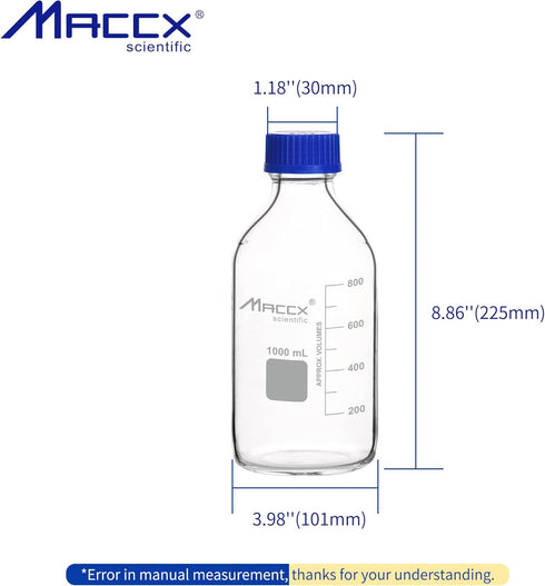 Glass Round Media Storage Bottles - 1000ml Volume, 3.3 Borosilicate Glass with GL45 Polypropylene Screw Cap