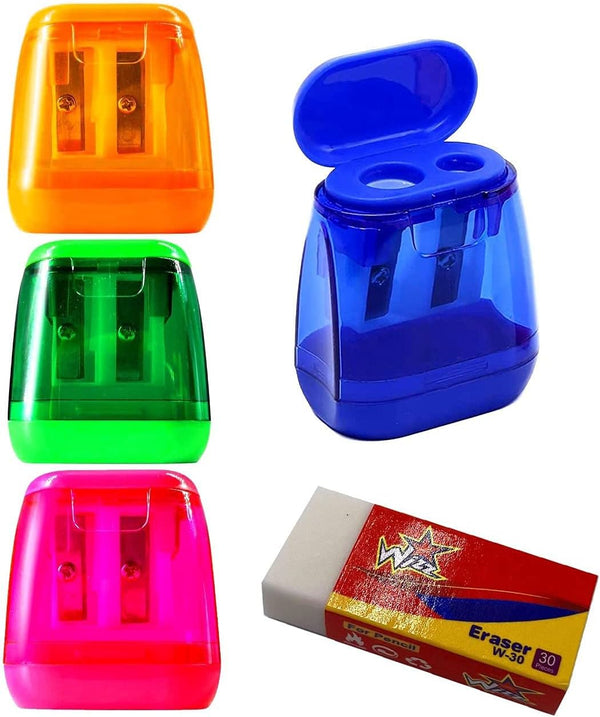 Performore 4 Pack Pencil Sharpeners with 1 Free Eraser, Compact Dual Holes for Kids, Colored Orange Green Blue Pink