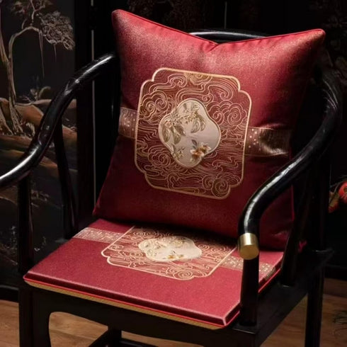 OALTAYOS Vintage Style Mahogany Chair Cushion, Embroidered Backrest Pillow & Seat Cover Set,