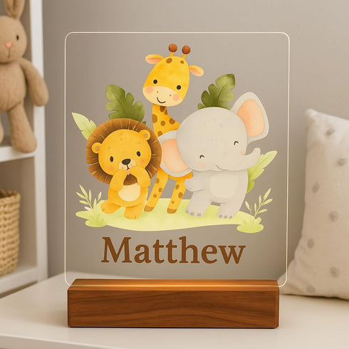 Personalized Led Night Light Name for Kids, Custom Cute Forest Animals with Wooden Base Bedroom Decor, Personalized