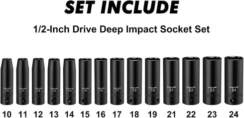 1/2-Inch Set, 6-Point, 10 mm 24 mm, 14-Sockets Set CASOMAN Drive Deep Impact Socket Metric, Cr-V