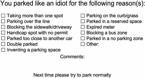 You Parked Like an Idiot Business Cards for Bad Parking