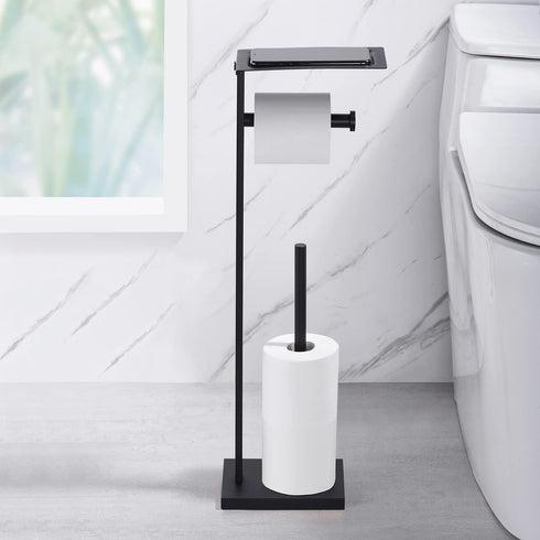 304 Miyili Matte Black Freestanding Toilet Paper Holder with Shelf, Premium SUS Stainless Steel Bathroom Storage