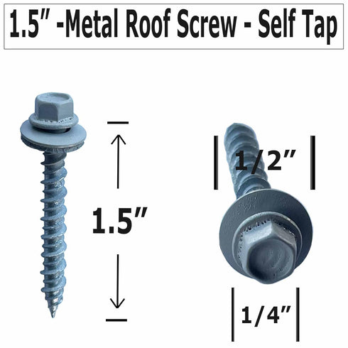 Metal Roofing Screws - #10 x 1.5” Self Tapping Hex Head with EPDM Rubber Washer, Grey (100)