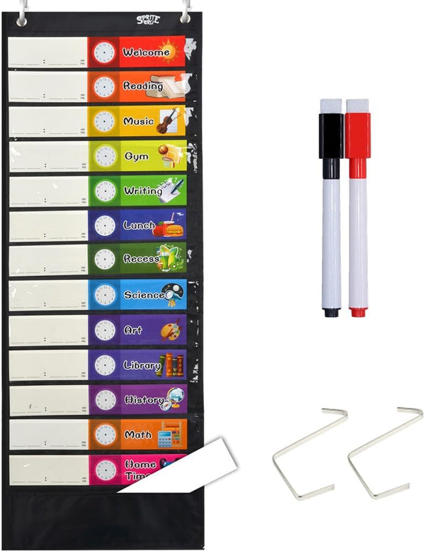 Daily Schedule Pocket Chart - Black Class Schedule with 26 Cards, 13+1 Pockets, Easy Over-door Mountings