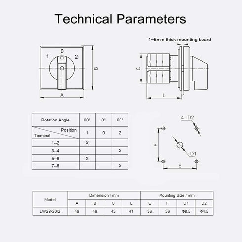 Changeover Switch LW28-20, 3 Positions 8 Terminals Universal Rotary Cam Selector Latching Switches