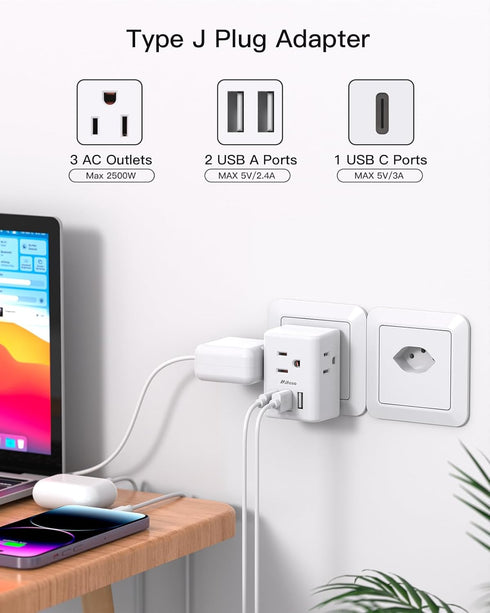 Switzerland Travel Plug Adapter: Swiss Outlet Adapter with 3 Outlets, 3 USB Charging Ports (1 USB C), Travel Essentials