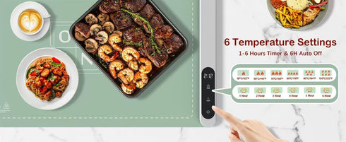 6 Settings, 23.6 inch) OKAN Electric Silicone Food Warmer Mat with Heat-Resistant Table Protector Temp Auto Shut-Off