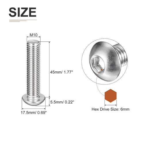 M10-1.5x45mm Button Head Socket Cap Screws - 20Pack - Good for Machine - 304 Stainless Steel 18/8 - Hex Drive Full Thread Fasteners