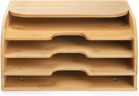 Jucoan Bamboo Countertop File Organizer, 4 Slot Vertical Wall Mounted Holder for Documents, Magazine Folder for Home