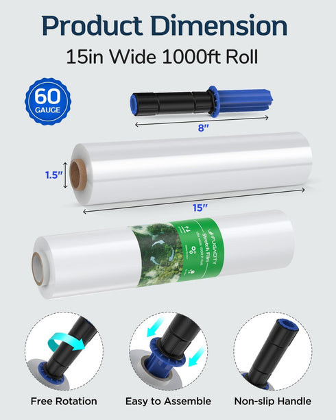 FugaCity Stretch Wrap Film, 15 in 1000 FT, 60 Gauge Shrink Wrap for Furniture Wrapping, Shipping, Moving Supplies,