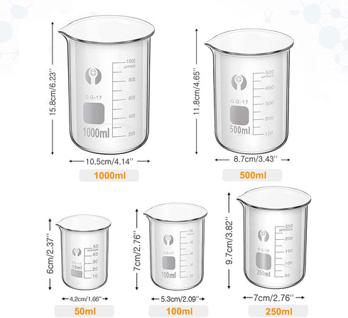 Glass Beakers Set, ZEEROQOLAB 5pcs Measuring Pyrex Beaker 1000ml 500ml 250ml 100ml 50ml with 2pcs Cleaning Brush, 3pcs Droppers and 2pcs Glass Stirring Rods