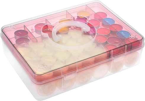 BTSKY 2-Tier Cute Bear Storage Box with Removable Divided Tray, Portable Clear Plastic Art Craft Supply Organizer (Pink)